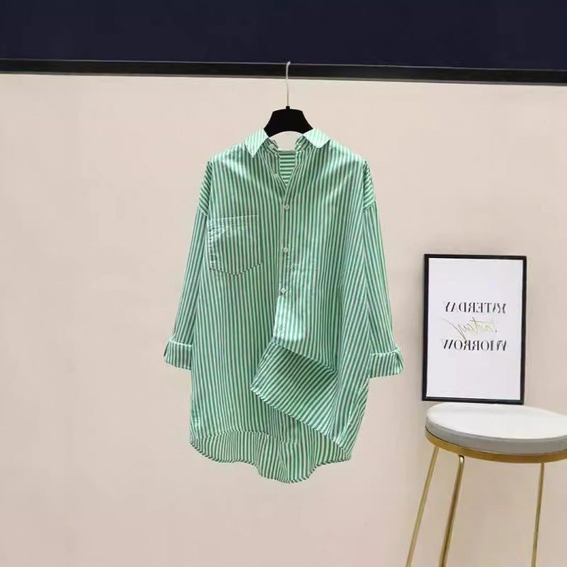 Stribet Oversized Skjorte med Brystlomme til Damer