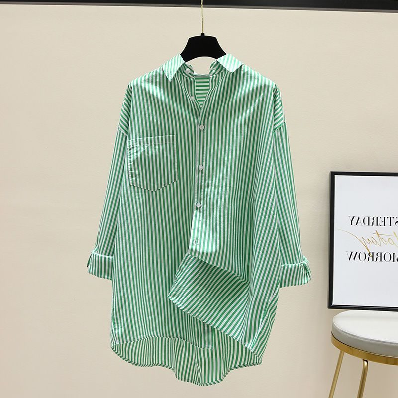 Stribet Oversized Skjorte med Brystlomme til Damer