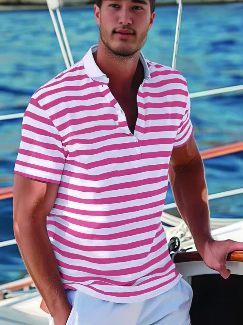 Stribet Poloshirt med Opstaande Krave til Herrer - View 4