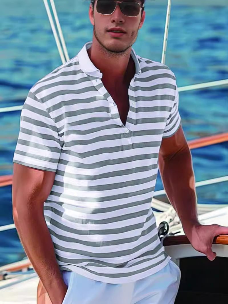Stribet Poloshirt med Opstaande Krave til Herrer - View 5