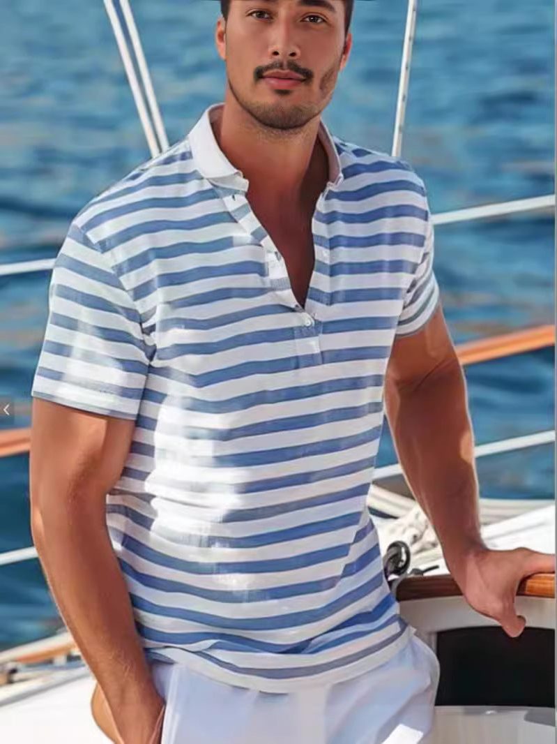 Stribet Poloshirt med Opstaande Krave til Herrer