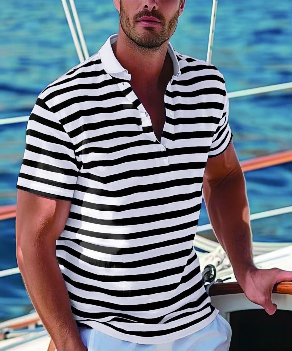 Stribet Poloshirt med Opstaande Krave til Herrer - Sort