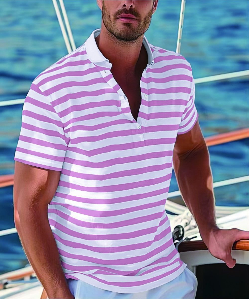 Stribet Poloshirt med Opstaande Krave til Herrer - Magenta