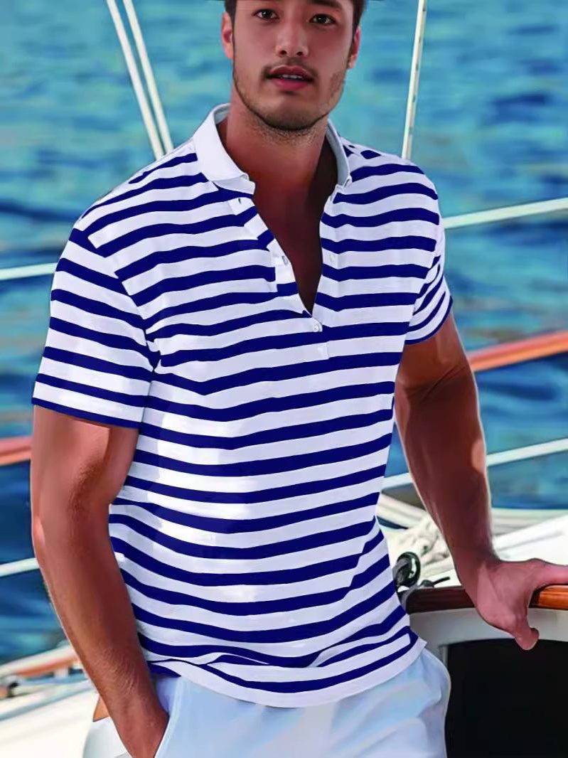 Stribet Poloshirt med Opstaande Krave til Herrer - View 2