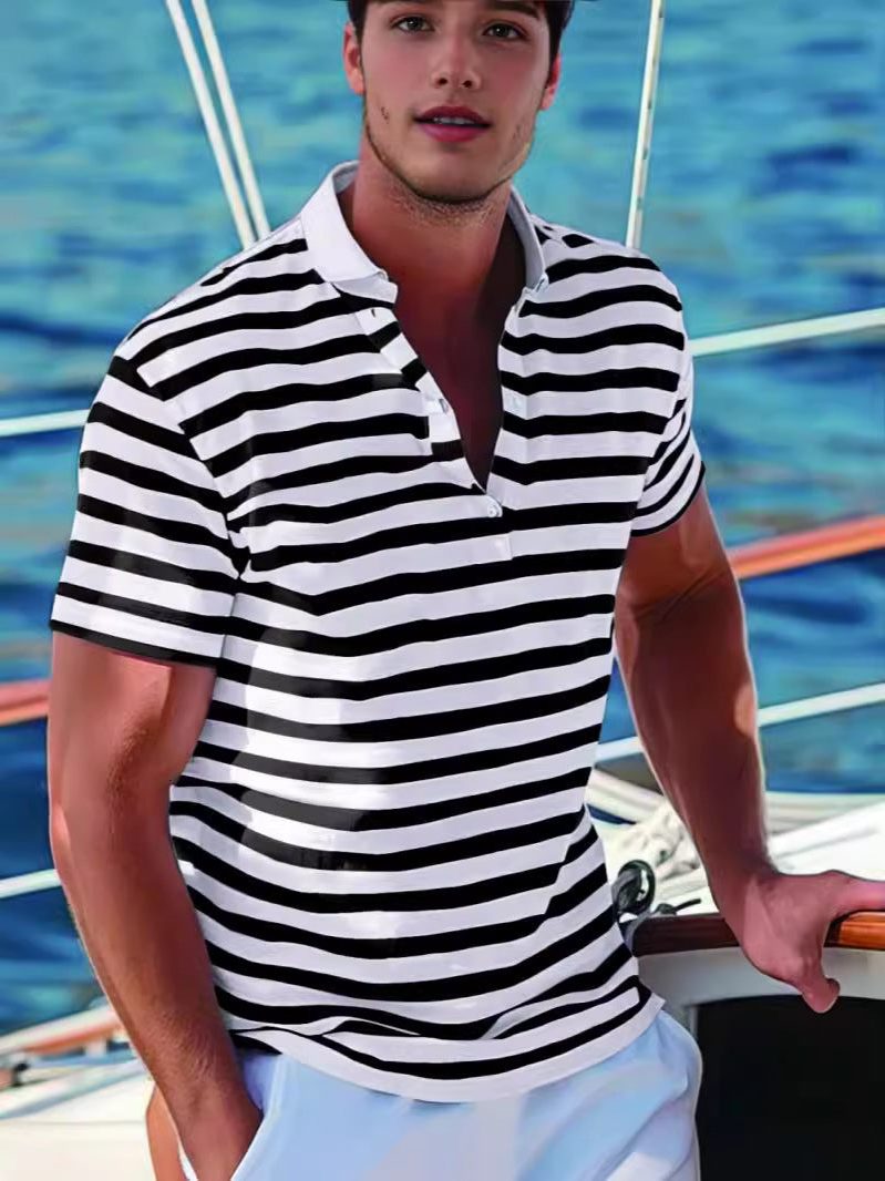 Stribet Poloshirt med Opstaande Krave til Herrer - View 3