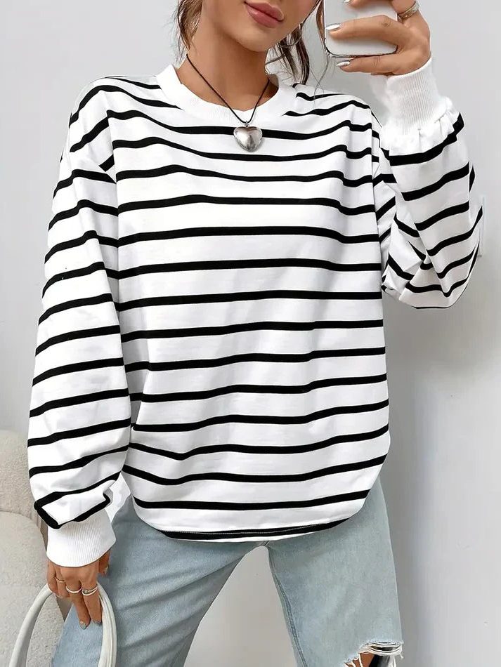 Stribet Sweatshirt med Lange Ærmer til Damer - Sort