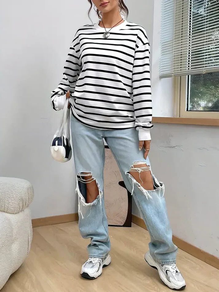 Stribet Sweatshirt med Lange Ærmer til Damer