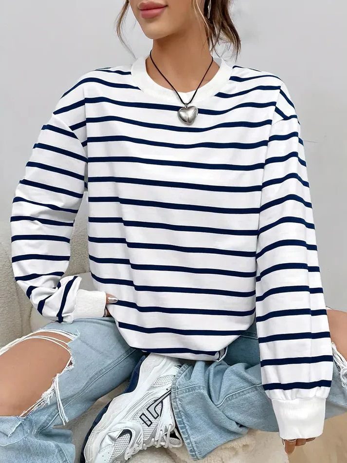 Stribet Sweatshirt med Lange Ærmer til Damer - Blå