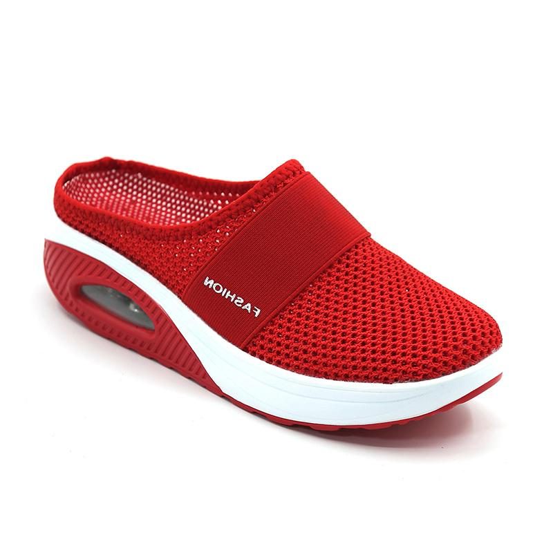 Strikket Slip-On Sneakers med Blokhæl til Damer - Rød