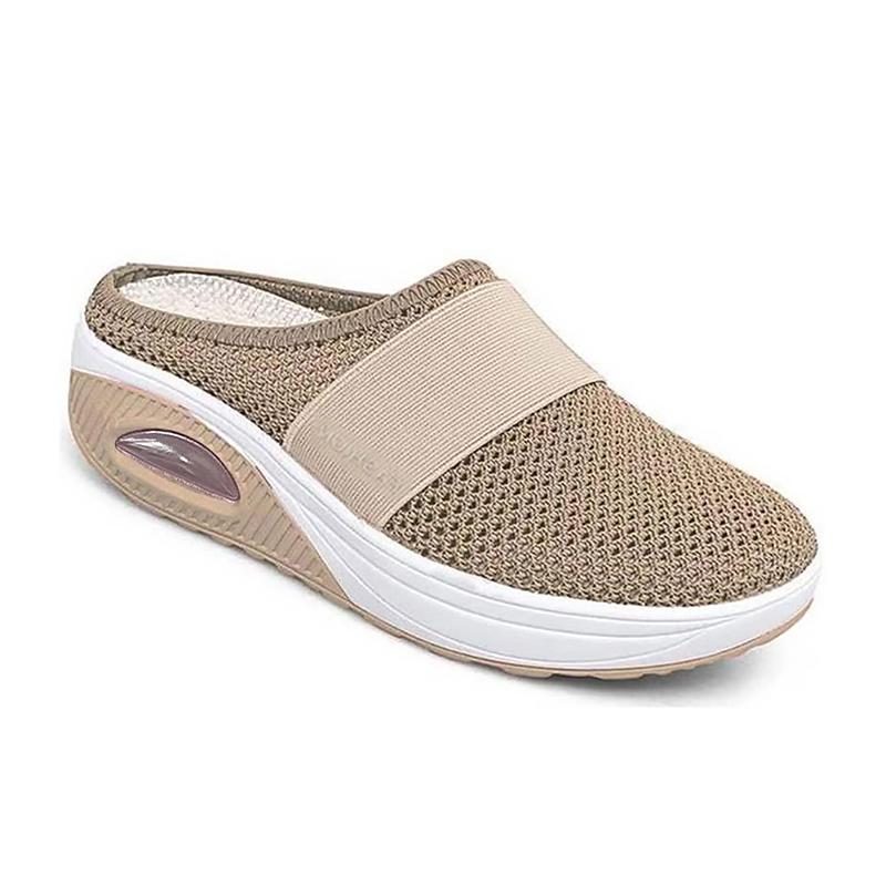 Strikket Slip-On Sneakers med Blokhæl til Damer - Khaki