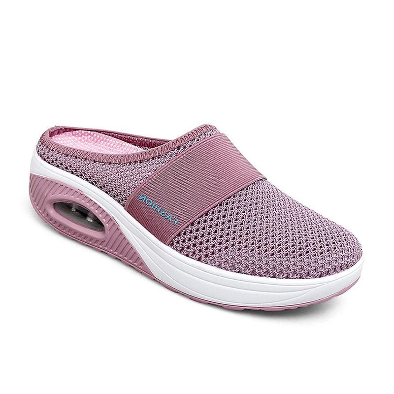Strikket Slip-On Sneakers med Blokhæl til Damer - Rosa