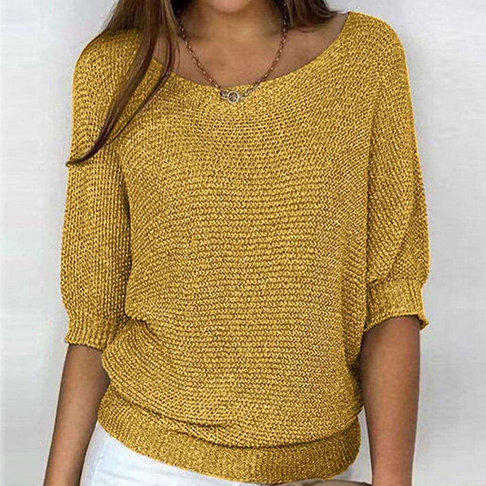 Striktrøje med Rund Hals og Trekvart Ærmer til Damer