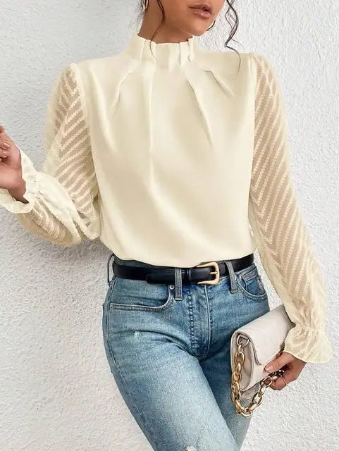 Struktureret Langærmet Bluse til Damer - Beige