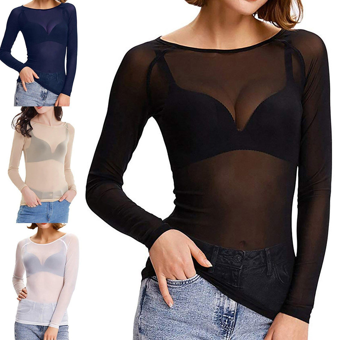 Transparent Mesh Top med Lange Ærmer til Damer