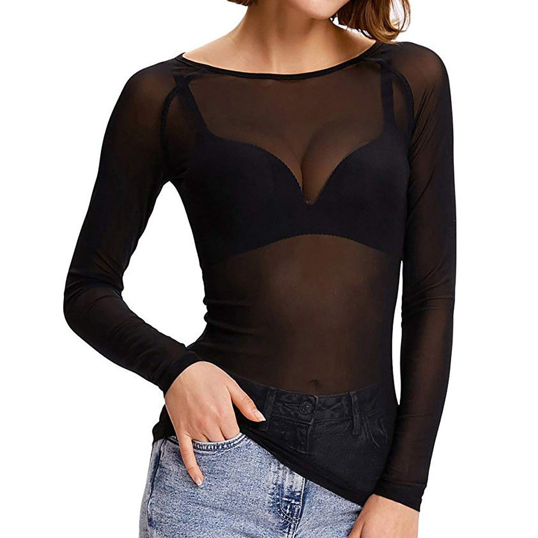 Transparent Mesh Top med Lange Ærmer til Damer