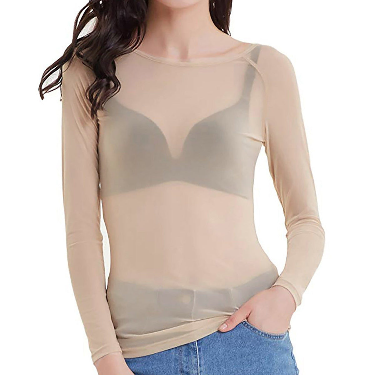 Transparent Mesh Top med Lange Ærmer til Damer